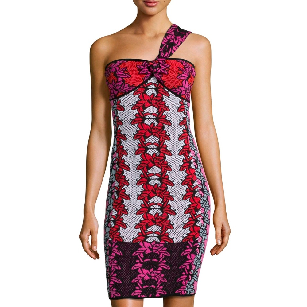 M Missoni One Shoulder Floral Knit Bodycon Dress 2 Red Pink Blue Made in Italy‎